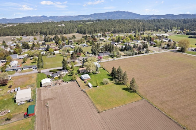 birds eye view of property with a view of trees, a mountain view, and a rural view