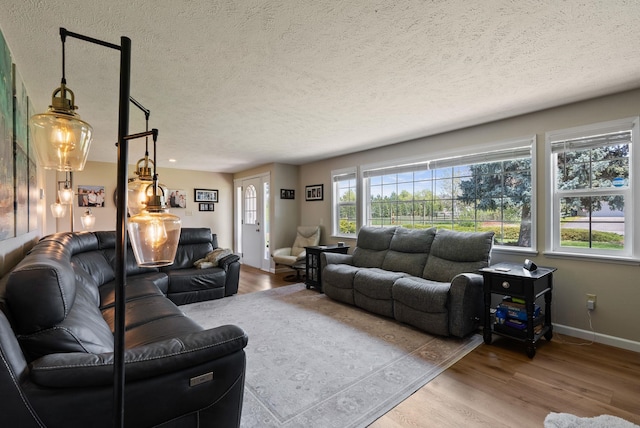 living room featuring baseboards, a textured ceiling, and wood finished floors
