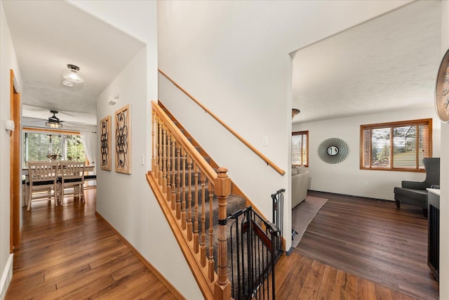 16503 N Mockingbird Ln, Nine Mile Falls, WA 99026 - stairway with baseboards, ceiling fan, and wood finished floors