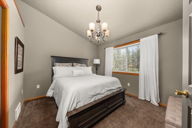 16503 N Mockingbird Ln, Nine Mile Falls, WA 99026 - carpeted bedroom with an inviting chandelier, baseboards, vaulted ceiling, and visible vents