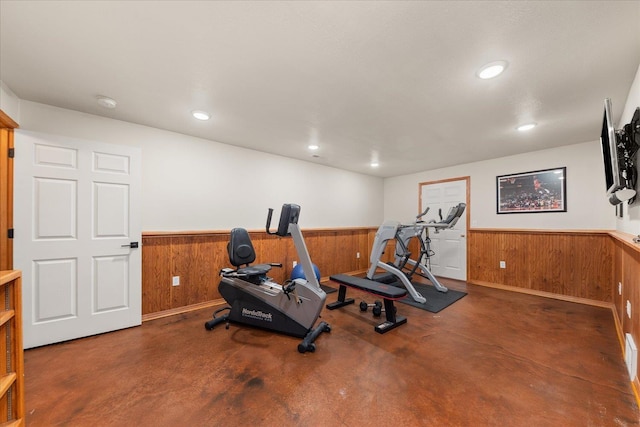 16503 N Mockingbird Ln, Nine Mile Falls, WA 99026 - workout area featuring wooden walls, recessed lighting, and a wainscoted wall