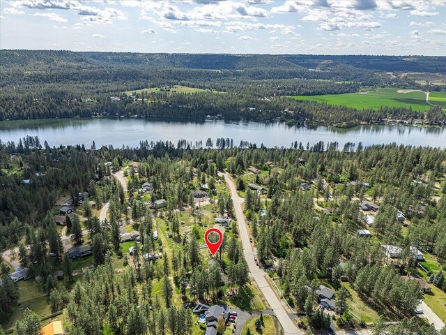 16503 N Mockingbird Ln, Nine Mile Falls, WA 99026 - aerial view with a water view and a wooded view