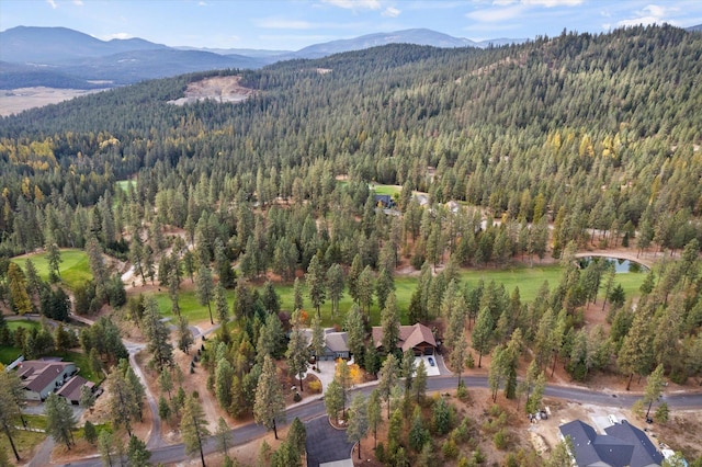 birds eye view of property featuring a mountain view and a forest view