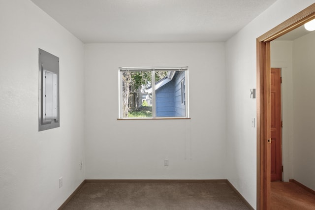 unfurnished room with baseboards, electric panel, and carpet flooring