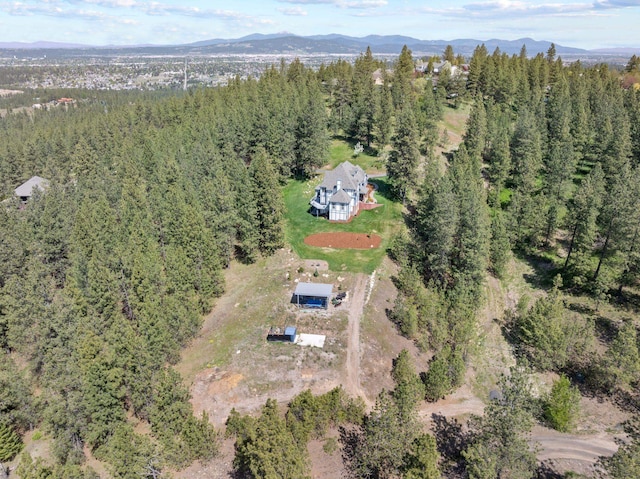 birds eye view of property with a view of trees and a mountain view