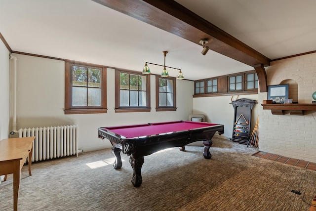 615 E 16th Ave, Spokane, WA 99203 - recreation room featuring carpet, billiards, beamed ceiling, and radiator heating unit