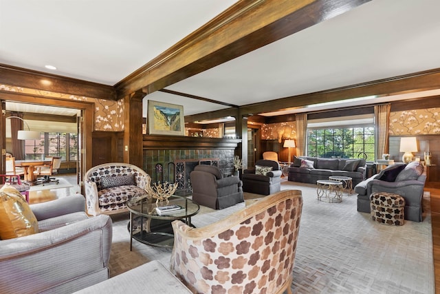 615 E 16th Ave, Spokane, WA 99203 - living area with a brick fireplace, crown molding, and wood walls