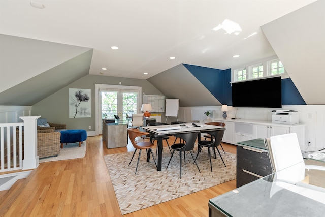 615 E 16th Ave, Spokane, WA 99203 - dining space featuring a decorative wall, light wood-style flooring, and vaulted ceiling