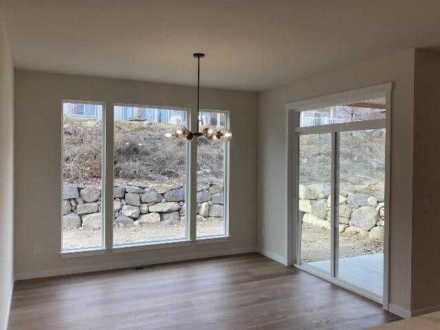 unfurnished dining area featuring baseboards, wood finished floors, and a notable chandelier