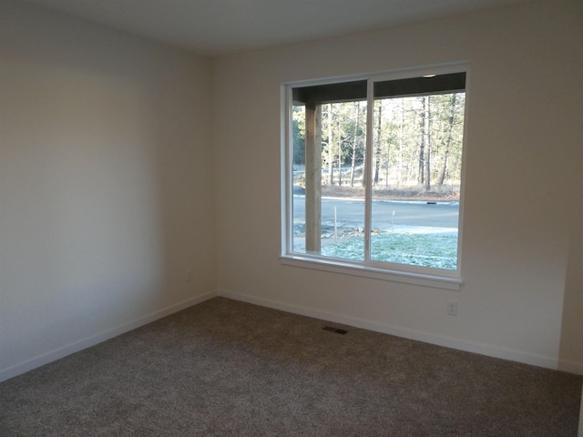 empty room featuring carpet flooring, baseboards, visible vents, and a wealth of natural light