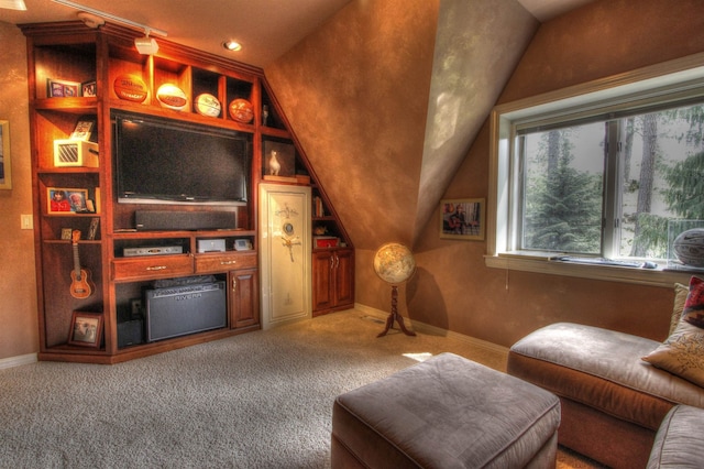 2010 E Pinecrest Rd, Spokane, WA 99203 - carpeted living room with baseboards and lofted ceiling
