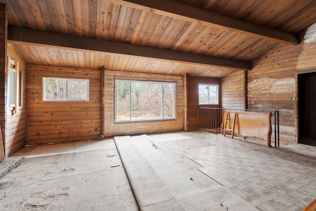 unfurnished living room featuring vaulted ceiling with beams, wood walls, and wood ceiling