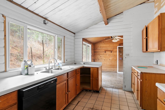 kitchen with vaulted ceiling, wooden ceiling, a sink, and dishwasher