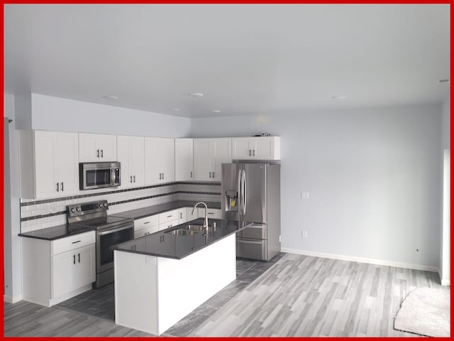 kitchen featuring dark countertops, white cabinetry, a sink, appliances with stainless steel finishes, and backsplash