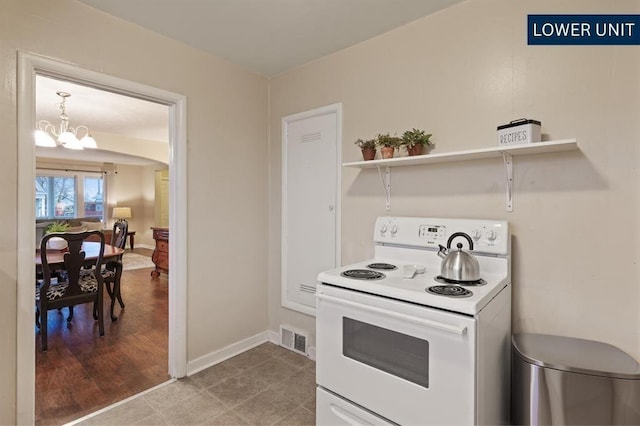 kitchen with visible vents, open shelves, white electric range, baseboards, and a notable chandelier