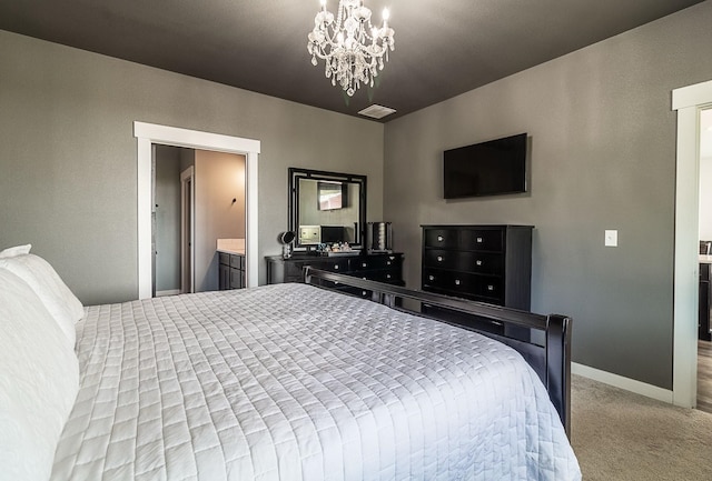 carpeted bedroom featuring baseboards, visible vents, and an inviting chandelier