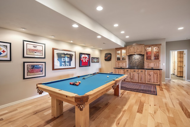 game room with baseboards, billiards, light wood-style floors, and recessed lighting
