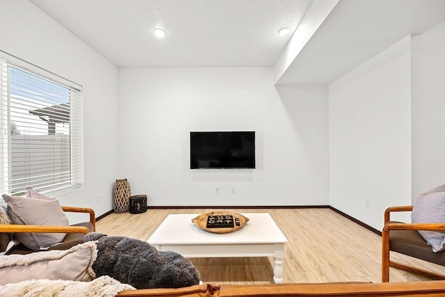 living area with baseboards and wood finished floors