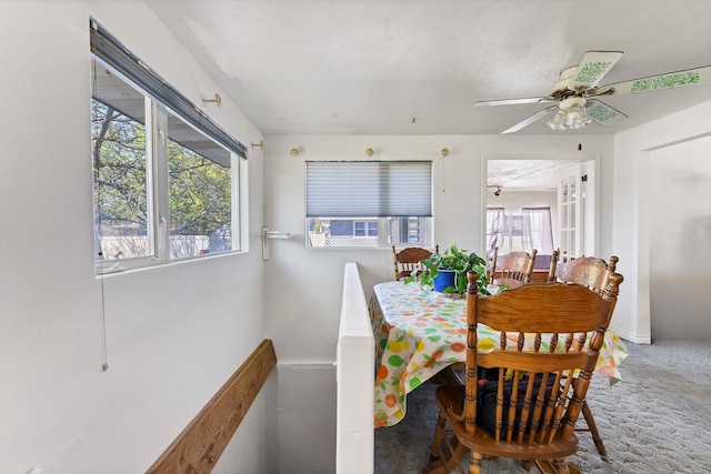 dining room featuring carpet floors and a ceiling fan