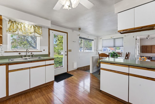 kitchen featuring a sink, white cabinets, backsplash, and a ceiling fan