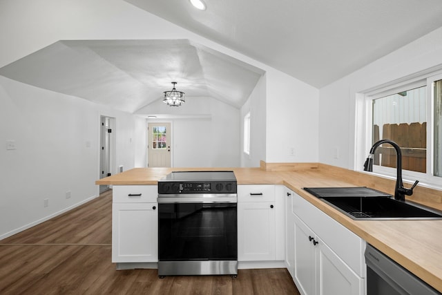 kitchen featuring butcher block counters, dark wood-style floors, a sink, appliances with stainless steel finishes, and vaulted ceiling