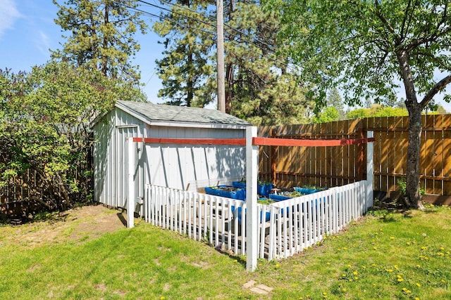 view of shed with a fenced backyard