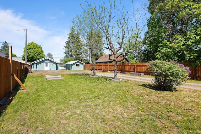 view of yard featuring a fenced backyard and an outdoor structure