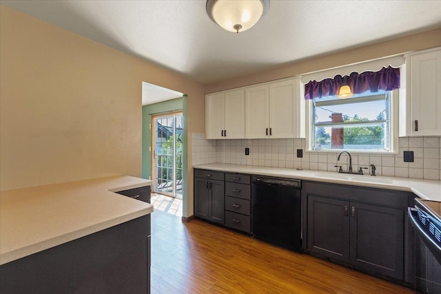 kitchen with decorative backsplash, wood finished floors, dishwasher, a sink, and range