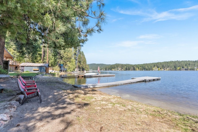 view of dock featuring a water view and a view of trees