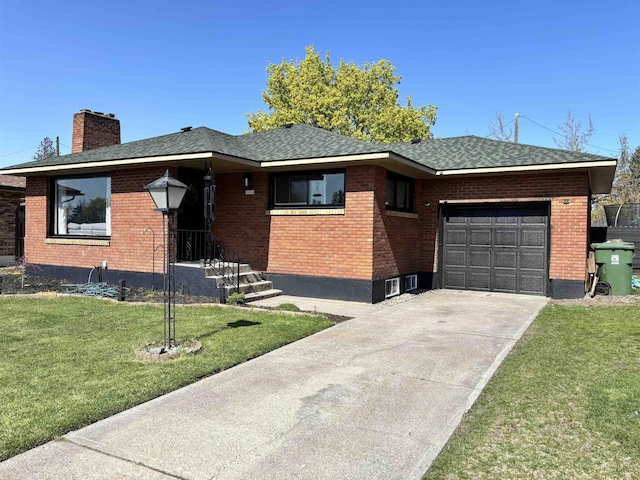 3204 W Queen Pl, Spokane, WA 99205 - ranch-style house featuring a chimney, driveway, brick siding, an attached garage, and a front lawn