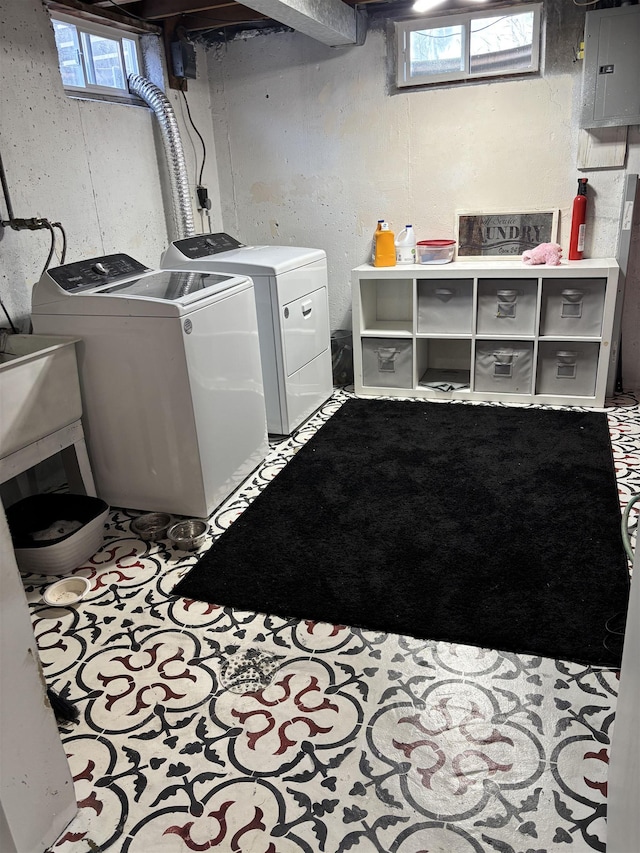 3204 W Queen Pl, Spokane, WA 99205 - laundry area with electric panel, laundry area, a sink, and washing machine and clothes dryer