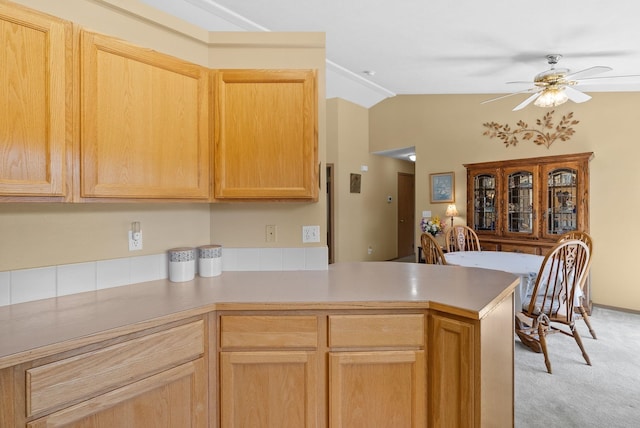 19322 E Indiana Ave, Greenacres, WA 99016 - kitchen with a peninsula, light brown cabinets, light colored carpet, and a ceiling fan