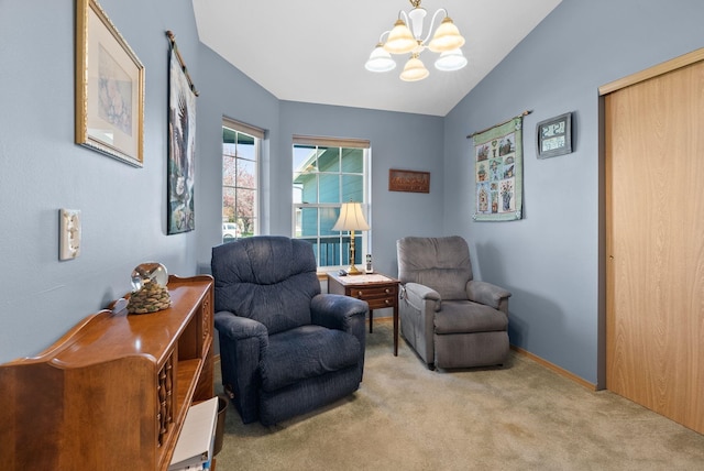 19322 E Indiana Ave, Greenacres, WA 99016 - sitting room featuring baseboards, an inviting chandelier, carpet floors, and vaulted ceiling