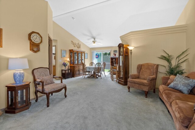 19322 E Indiana Ave, Greenacres, WA 99016 - living area featuring ceiling fan, carpet floors, and high vaulted ceiling
