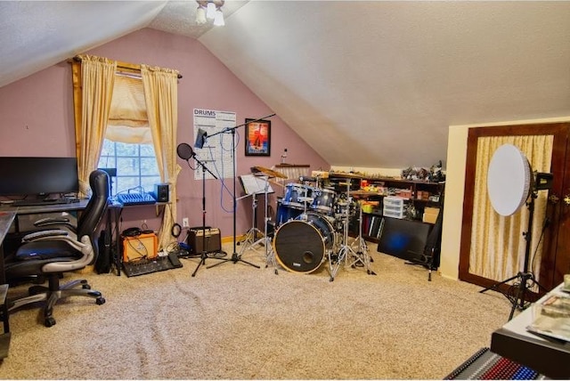 recreation room featuring lofted ceiling, carpet floors, and baseboards