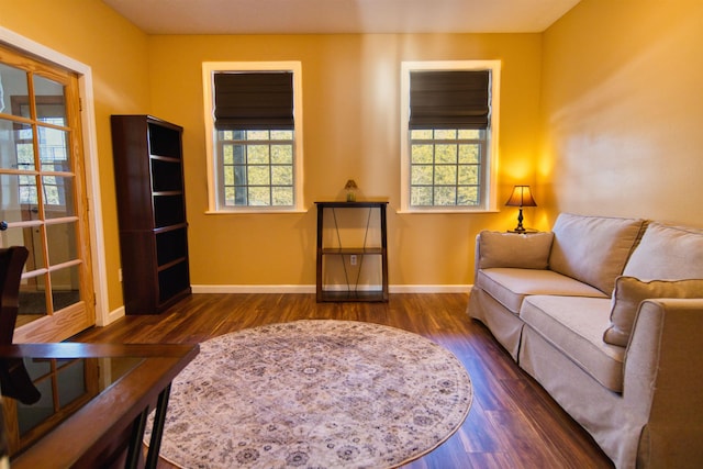 living area featuring a wealth of natural light, wood finished floors, and baseboards