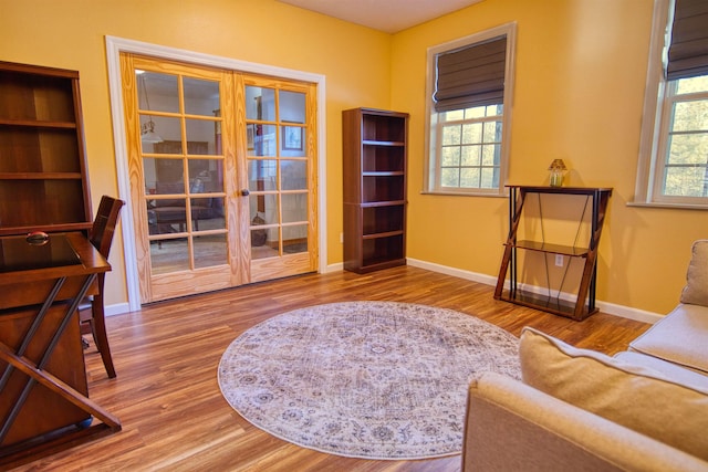 living area featuring baseboards, french doors, and wood finished floors