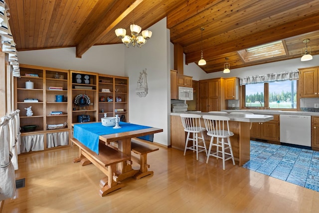 3247 Jumpoff Way, Valley, WA 99181 - dining space with wooden ceiling, a chandelier, lofted ceiling with skylight, and visible vents