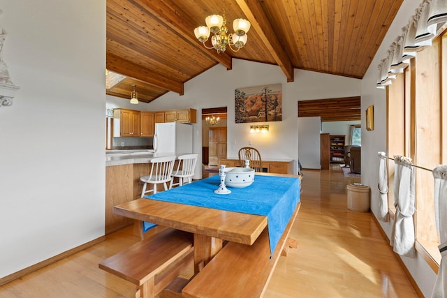 3247 Jumpoff Way, Valley, WA 99181 - dining area featuring an inviting chandelier, wood ceiling, light wood-type flooring, and vaulted ceiling with beams