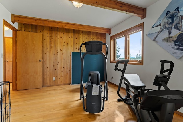 3247 Jumpoff Way, Valley, WA 99181 - exercise room featuring wooden walls and light wood-style flooring