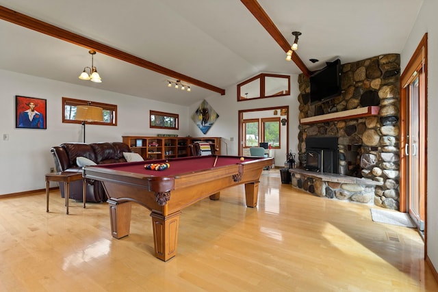 3247 Jumpoff Way, Valley, WA 99181 - game room with baseboards, billiards, light wood-type flooring, and vaulted ceiling with beams