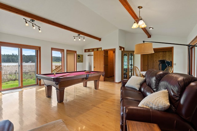 3247 Jumpoff Way, Valley, WA 99181 - rec room with light wood-style flooring, vaulted ceiling with beams, and pool table