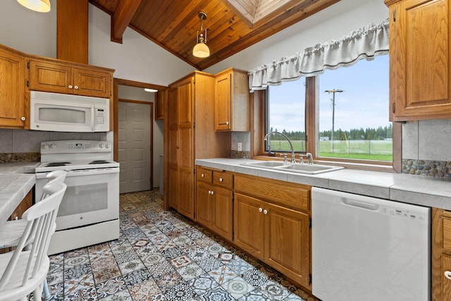 3247 Jumpoff Way, Valley, WA 99181 - kitchen with a sink, tile counters, white appliances, and wooden ceiling