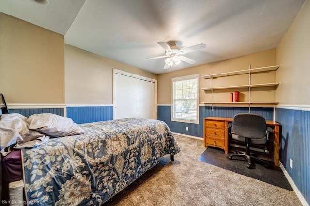 4023 W Hoffman Ave, Spokane, WA 99205 - bedroom with carpet flooring, wainscoting, and ceiling fan