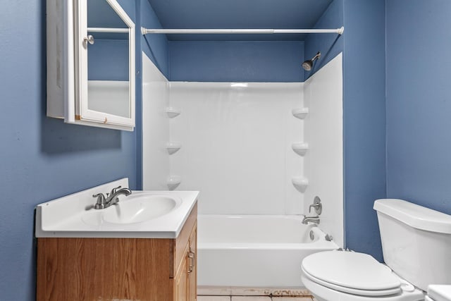 full bath featuring vanity, toilet, shower / bathtub combination, and tile patterned flooring