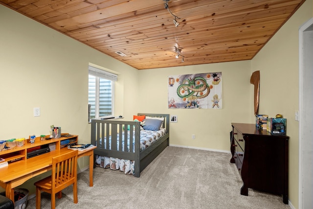 bedroom featuring baseboards, carpet floors, visible vents, and wood ceiling