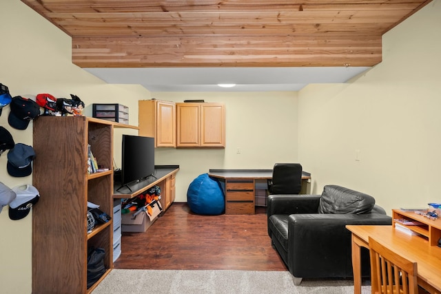 interior space featuring wooden ceiling and wood finished floors