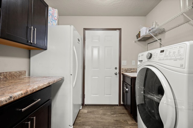 laundry room featuring washer / dryer, cabinet space, and light wood-style flooring