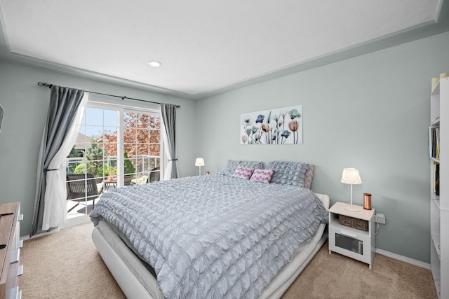 bedroom with recessed lighting, carpet flooring, baseboards, and access to exterior