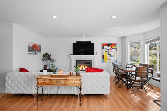 living area featuring light wood finished floors, a tiled fireplace, and recessed lighting